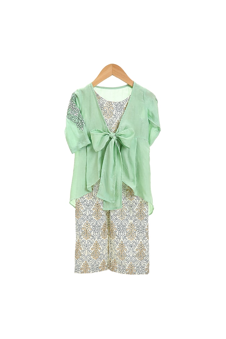 Mint Green Printed Jumpsuit With Embroidered Jacket For Girls by Mi Dulce An'ya