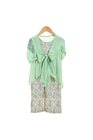 Mint Green Printed Jumpsuit With Embroidered Jacket For Girls by Mi Dulce An'ya