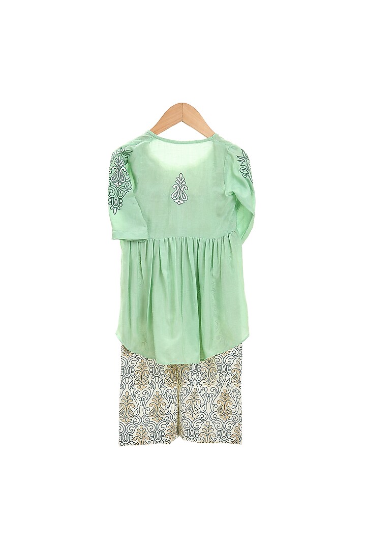 Mint Green Printed Jumpsuit With Embroidered Jacket For Girls by Mi Dulce An'ya at Pernia's Pop Up Shop