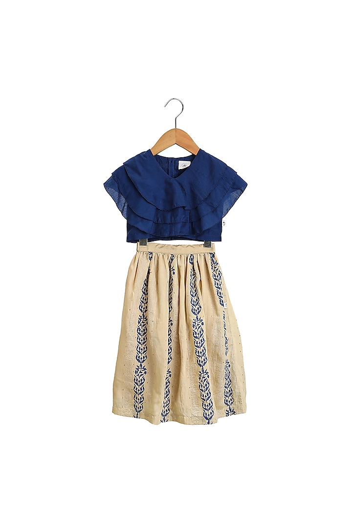 Navy Blue & Gold Printed Skirt Set For Girls by Mi Dulce An'Ya