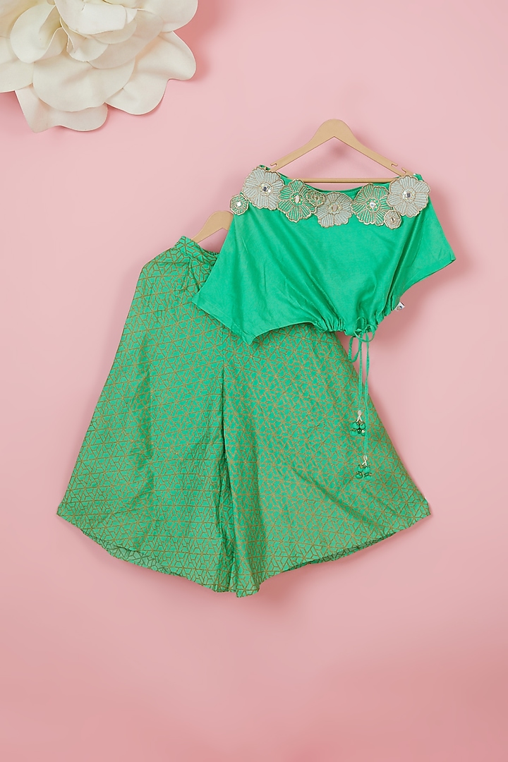Emerald Green Organic Cotton Printed Palazzo Pant Set For Girls by Mi Dulce An'ya