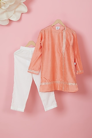 Peach Organic Cotton Chanderi Embellished Kurta Set For Boys by Mi Dulce An'ya