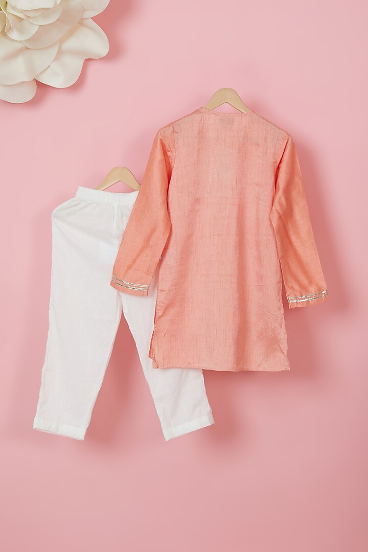 Peach Organic Cotton Chanderi Embellished Kurta Set For Boys by Mi Dulce An'ya at Pernia's Pop Up Shop
