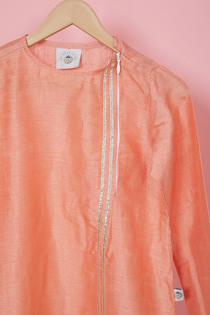Peach Organic Cotton Chanderi Embellished Kurta Set For Boys by Mi Dulce An'ya at Pernia's Pop Up Shop