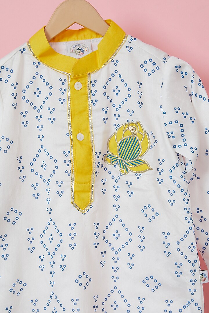 White Organic Cotton Bandhej Printed Kurta Set For Boys by Mi Dulce An'ya at Pernia's Pop Up Shop