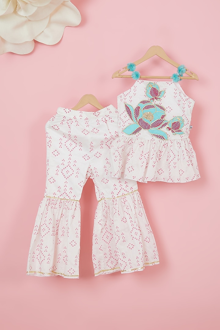 White Organic Cotton Bandhej Printed Sharara Set For Girls by Mi Dulce An'ya at Pernia's Pop Up Shop
