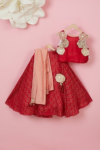 Red Organic Cotton Printed Lehenga Set For Girls by Mi Dulce An'ya