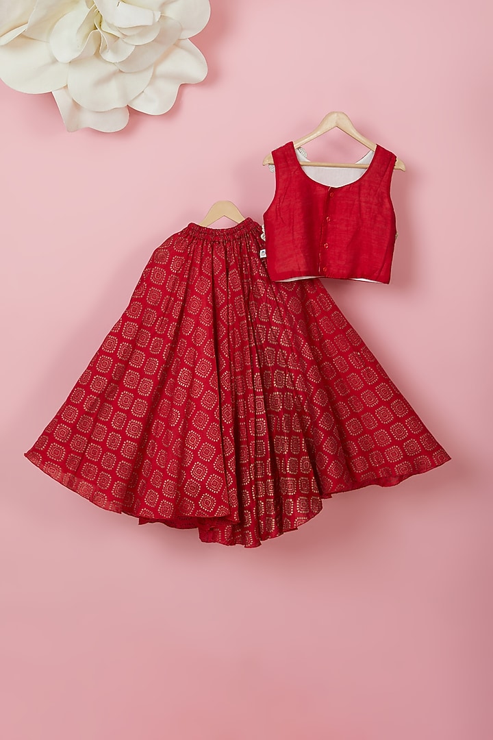 Red Organic Cotton Printed Lehenga Set For Girls by Mi Dulce An'ya at Pernia's Pop Up Shop