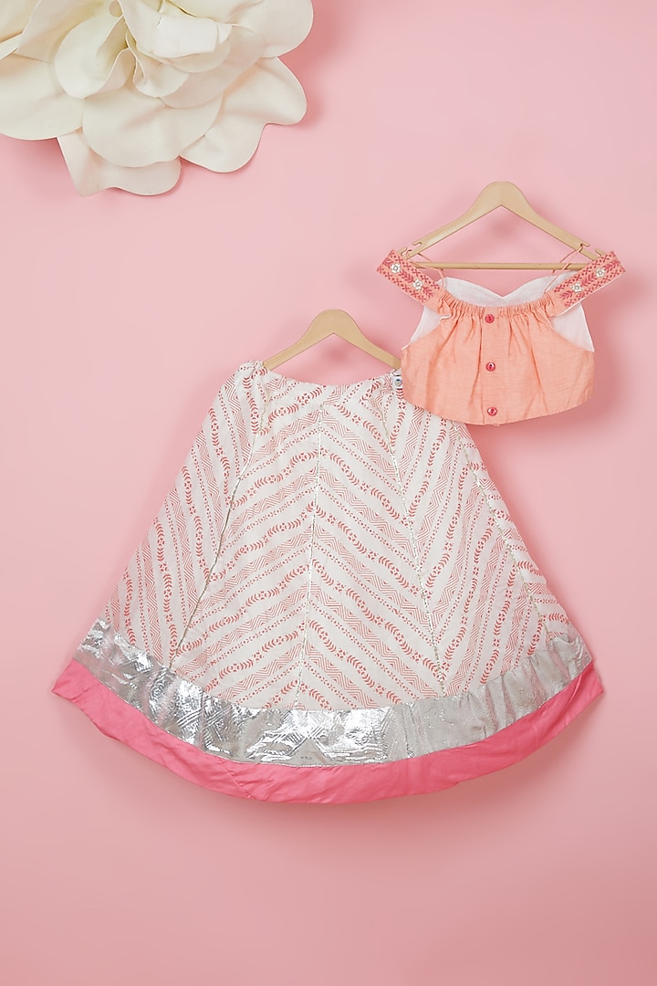 Peach Organic Cotton Printed Lehenga Set For Girls by Mi Dulce An'ya at Pernia's Pop Up Shop