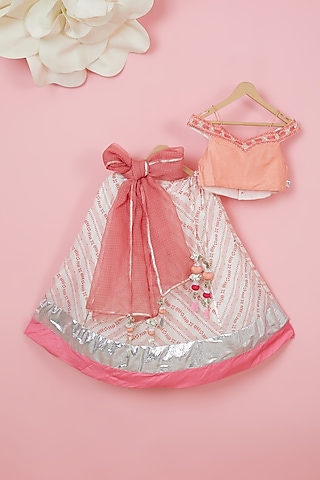 Peach Organic Cotton Printed Lehenga Set For Girls by Mi Dulce An'ya