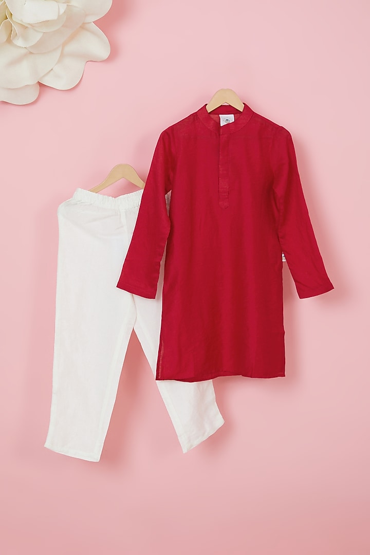 Red Organic Cotton Printed Nehru Jacket With Kurta Set For Boys by Mi Dulce An'ya at Pernia's Pop Up Shop