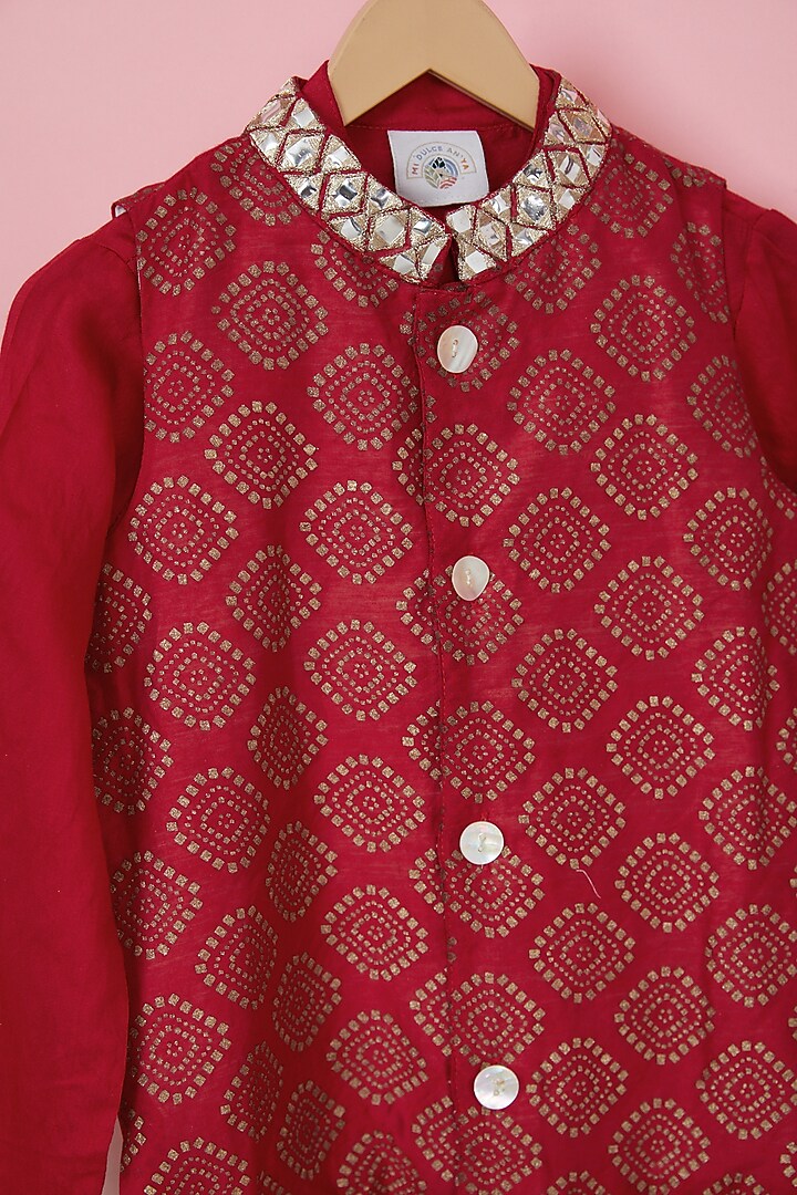 Red Organic Cotton Printed Nehru Jacket With Kurta Set For Boys by Mi Dulce An'ya at Pernia's Pop Up Shop