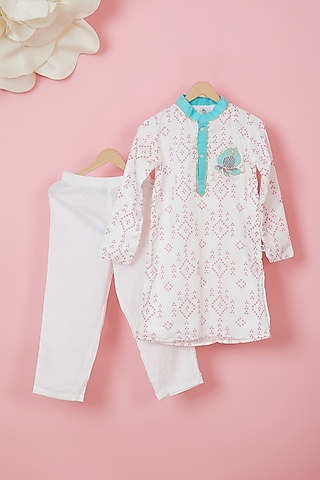 White Organic Cotton Bandhej Printed Kurta Set For Boys by Mi Dulce An'ya