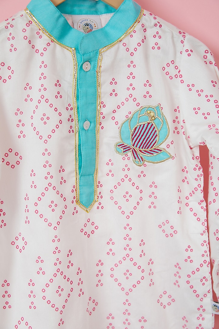 White Organic Cotton Bandhej Printed Kurta Set For Boys by Mi Dulce An'ya at Pernia's Pop Up Shop