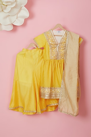 Yellow Organic Cotton Embellished Kurta Set For Girls by Mi Dulce An'ya