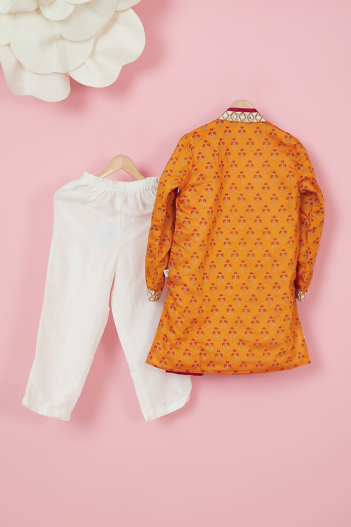 Orange Organic Cotton Printed Sherwani Set For Boys by Mi Dulce An'ya at Pernia's Pop Up Shop