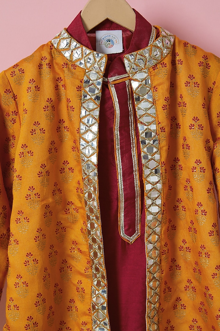 Orange Organic Cotton Printed Sherwani Set For Boys by Mi Dulce An'ya at Pernia's Pop Up Shop