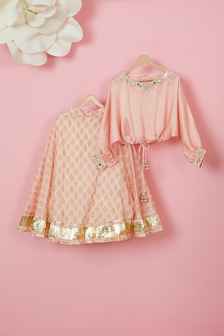 Blush Pink Organic Cotton Floral Printed Lehenga Set For Girls by Mi Dulce An'ya at Pernia's Pop Up Shop