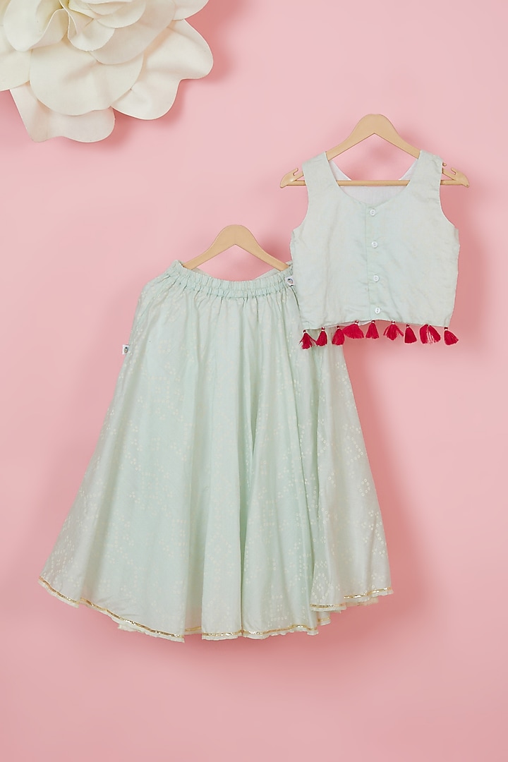 Mint Green Organic Cotton Lehenga Set For Girls by Mi Dulce An'ya at Pernia's Pop Up Shop