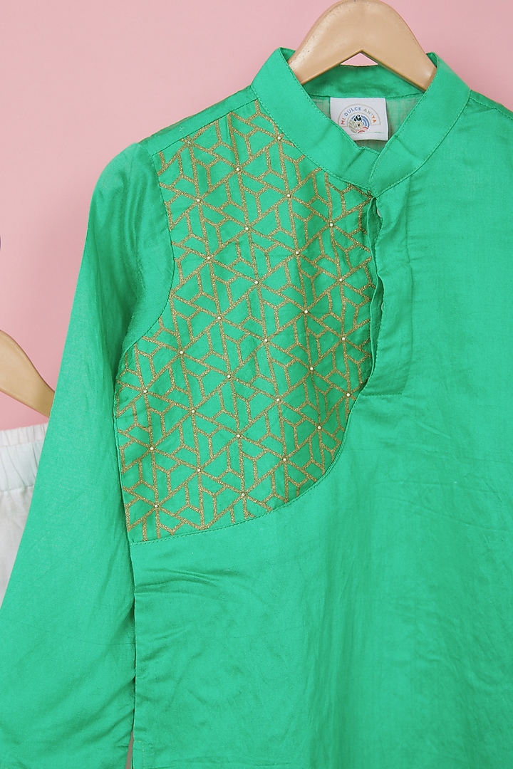 Green Organic Cotton Printed Kurta Set For Boys by Mi Dulce An'ya at Pernia's Pop Up Shop