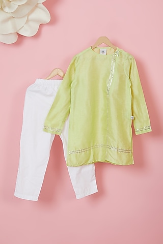 Lemon Yellow Organic Cotton Embellished Kurta Set For Boys by Mi Dulce An'ya
