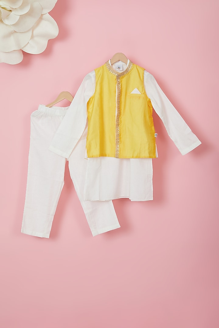 Mango Yellow Organic Cotton Embroidered Nehru Jacket With Kurta Set For Boys by Mi Dulce An'ya