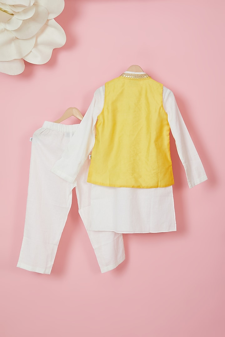 Mango Yellow Organic Cotton Embroidered Nehru Jacket With Kurta Set For Boys by Mi Dulce An'ya at Pernia's Pop Up Shop