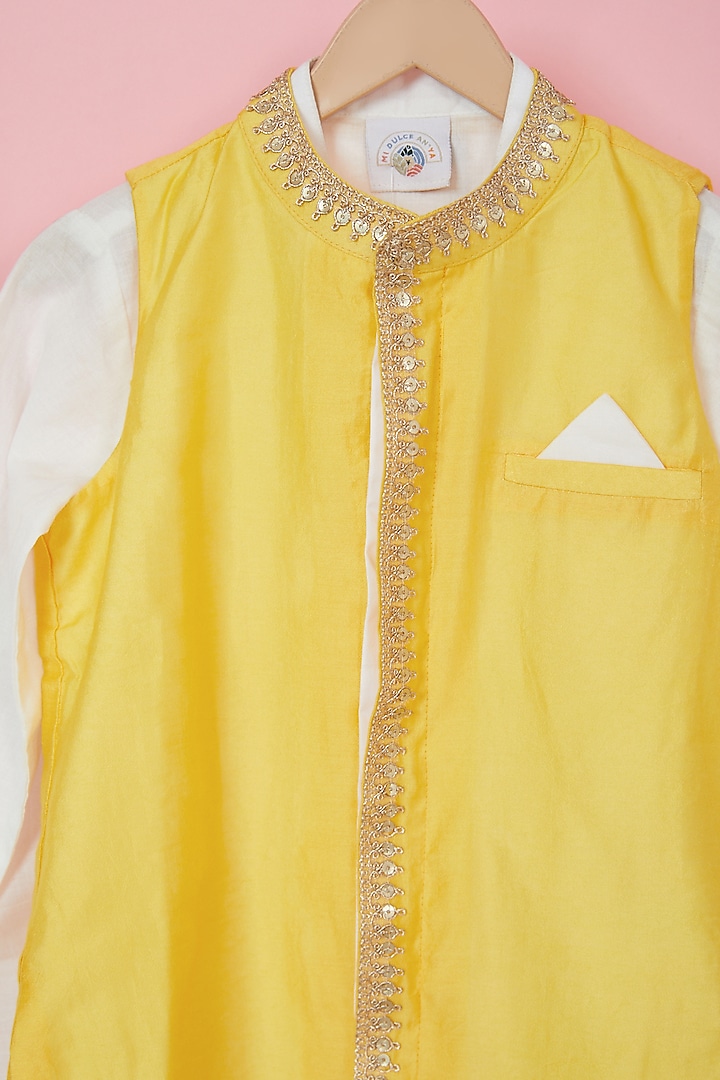 Mango Yellow Organic Cotton Embroidered Nehru Jacket With Kurta Set For Boys by Mi Dulce An'ya at Pernia's Pop Up Shop