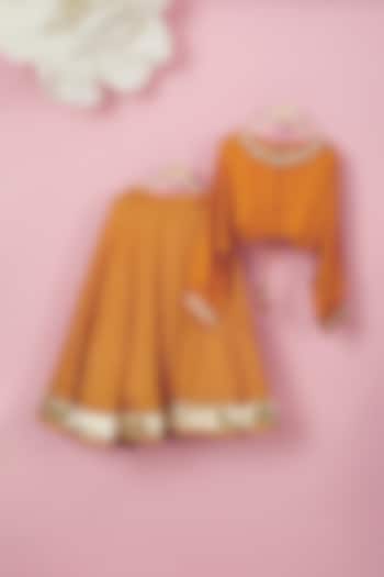 Orange Organic Cotton Floral Printed Lehenga Set For Girls by Mi Dulce An'ya