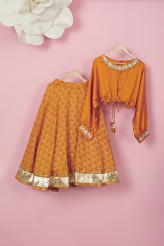 Orange Organic Cotton Floral Printed Lehenga Set For Girls by Mi Dulce An'ya
