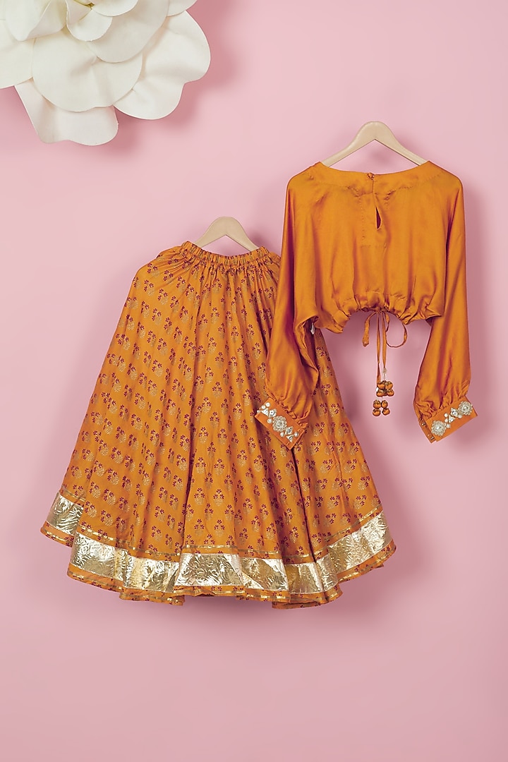 Orange Organic Cotton Floral Printed Lehenga Set For Girls by Mi Dulce An'ya at Pernia's Pop Up Shop