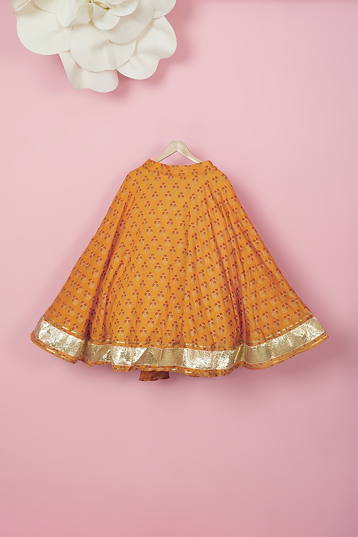 Orange Organic Cotton Floral Printed Lehenga Set For Girls by Mi Dulce An'ya at Pernia's Pop Up Shop