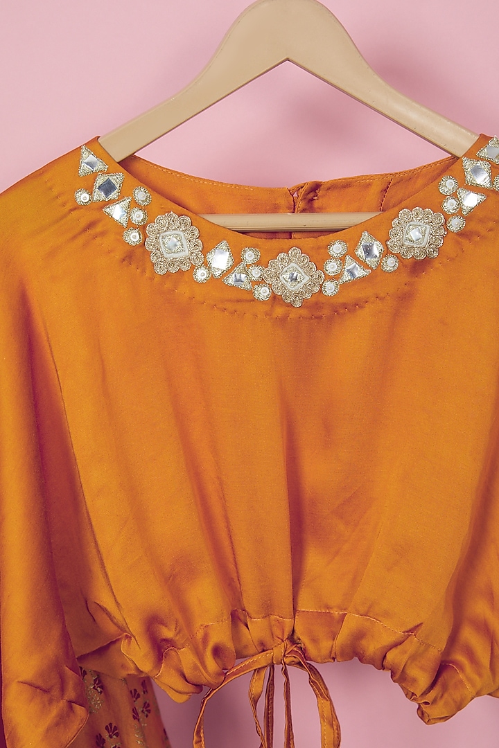 Orange Organic Cotton Floral Printed Lehenga Set For Girls by Mi Dulce An'ya at Pernia's Pop Up Shop