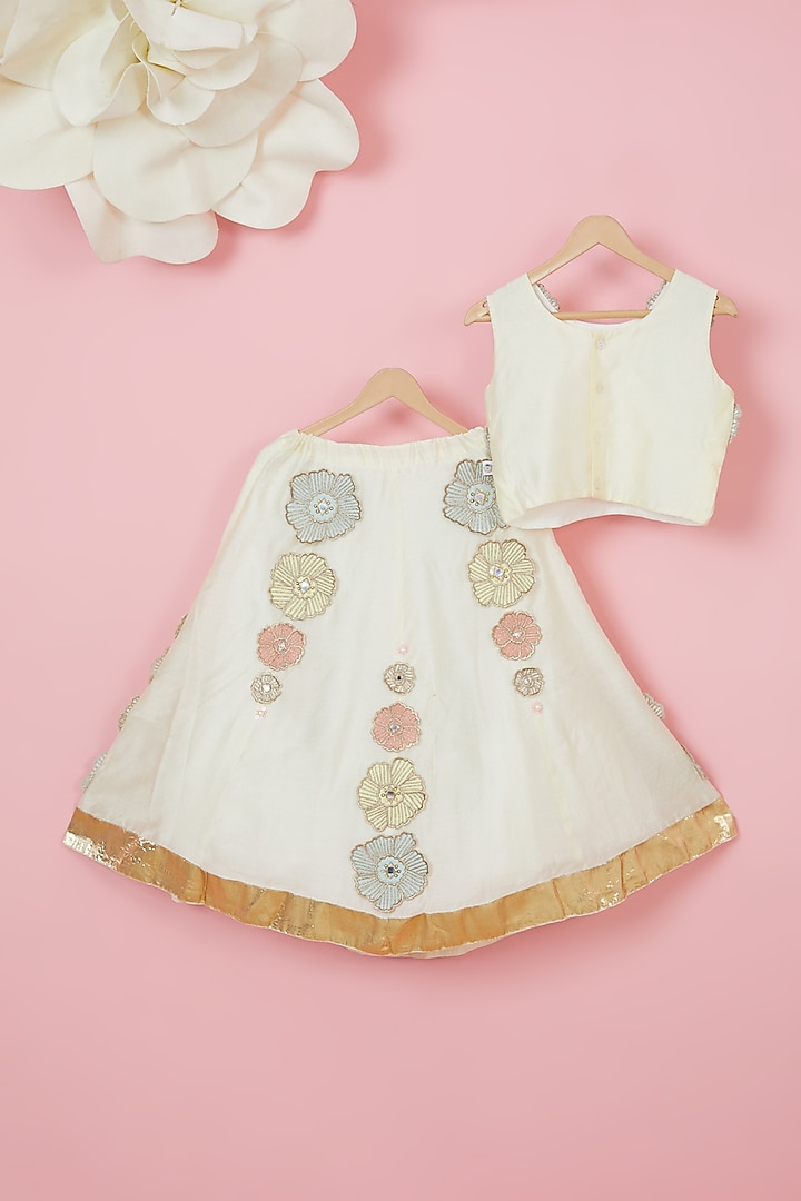 Ivory Organic Cotton Embroidered Lehenga Set For Girls by Mi Dulce An'ya at Pernia's Pop Up Shop