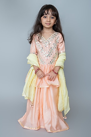 Peach Organic Cotton & Handwoven Chanderi Sharara Set For Girls by Mi Dulce An'ya