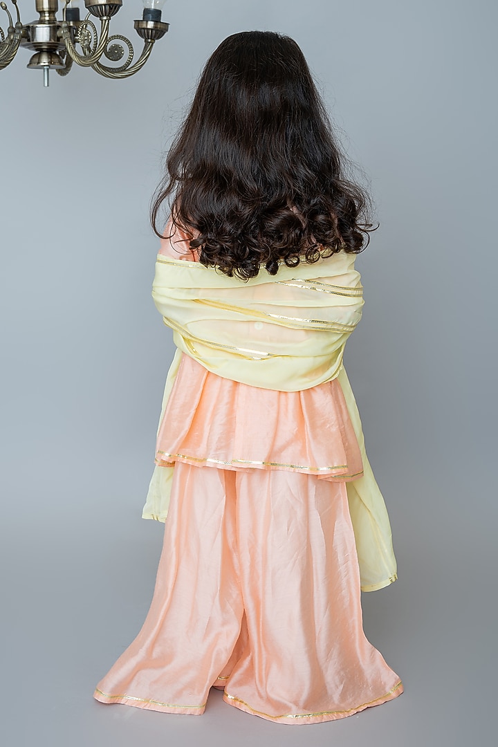 Peach Organic Cotton & Handwoven Chanderi Sharara Set For Girls by Mi Dulce An'ya at Pernia's Pop Up Shop