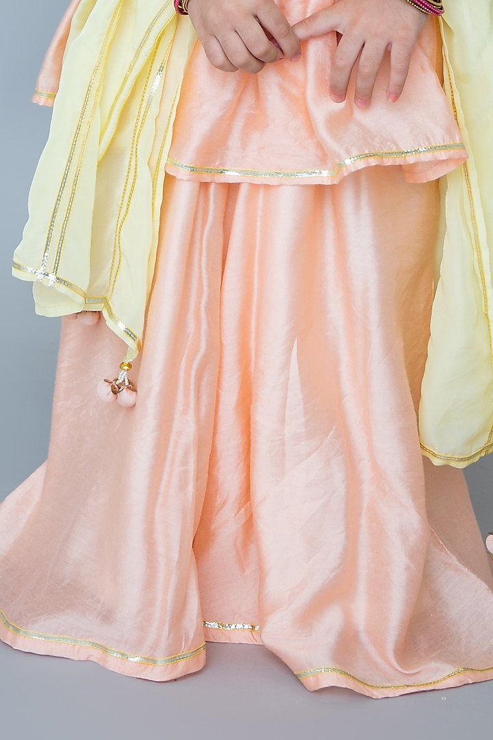 Peach Organic Cotton & Handwoven Chanderi Sharara Set For Girls by Mi Dulce An'ya at Pernia's Pop Up Shop