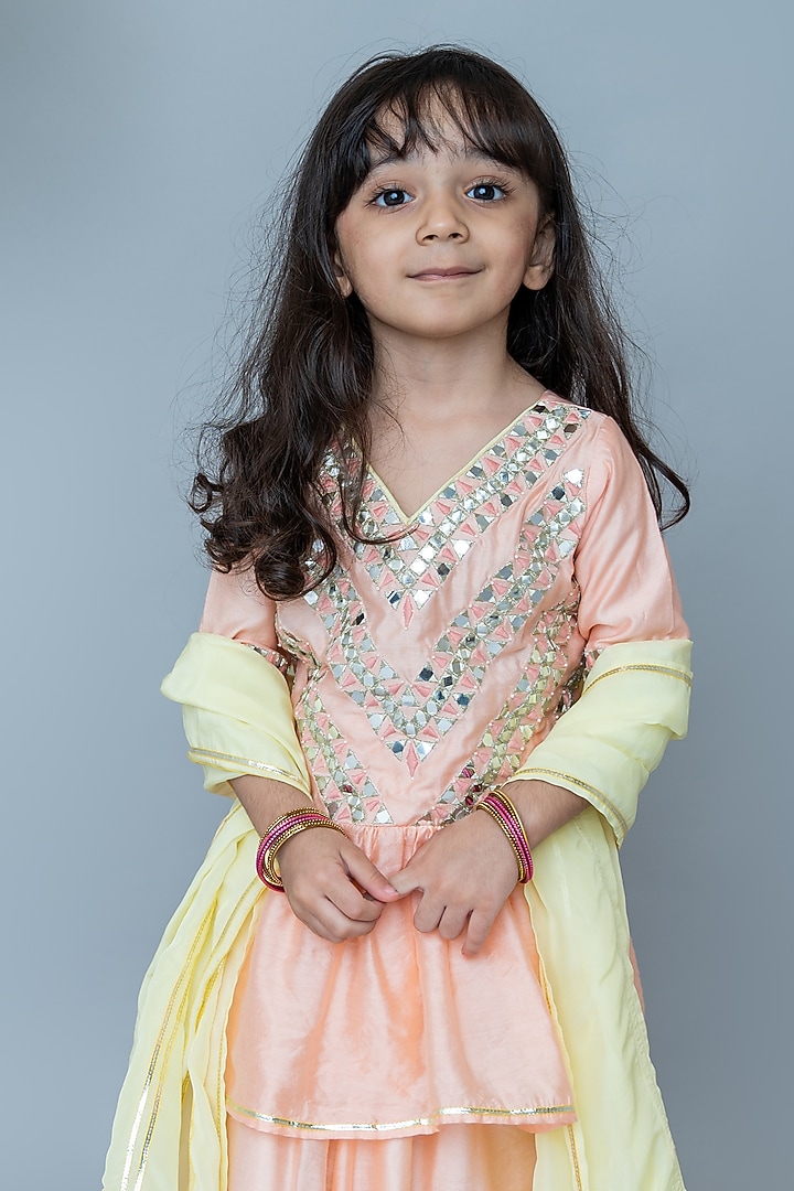 Peach Organic Cotton & Handwoven Chanderi Sharara Set For Girls by Mi Dulce An'ya at Pernia's Pop Up Shop