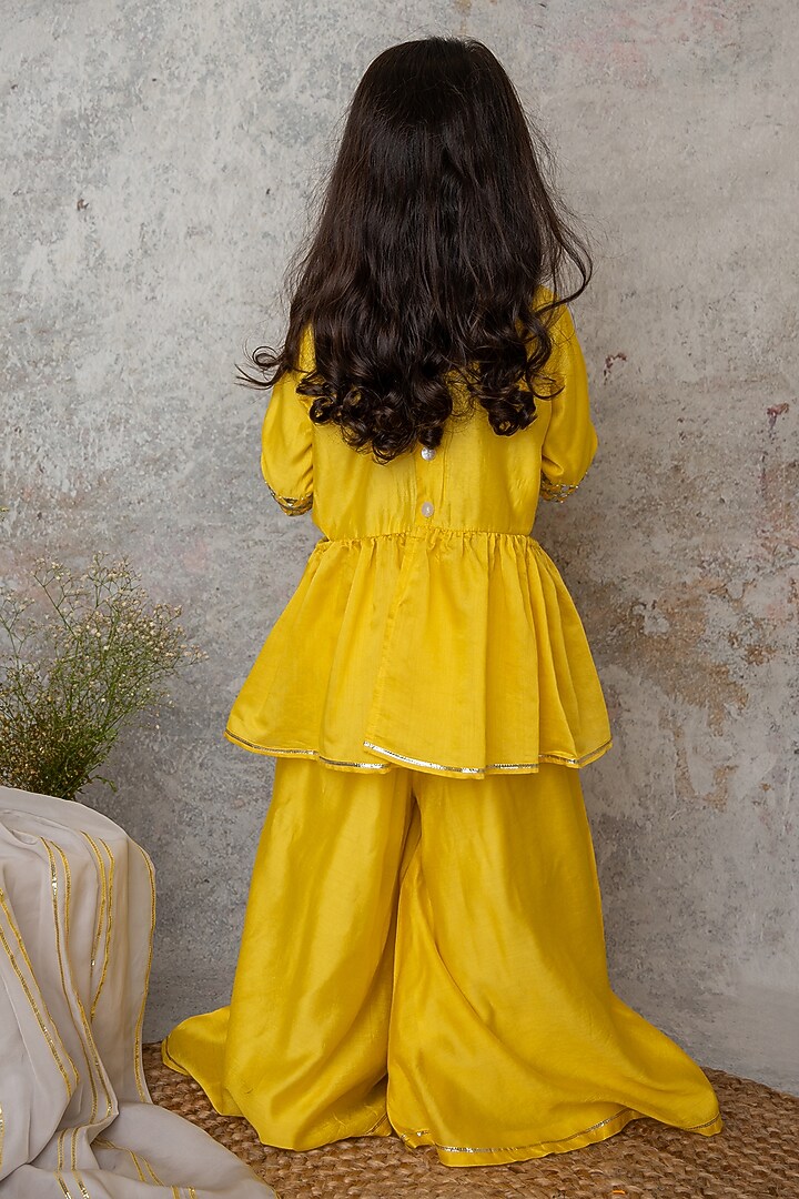 Yellow Organic Cotton & Handwoven Chanderi Sharara Set For Girls by Mi Dulce An'ya at Pernia's Pop Up Shop
