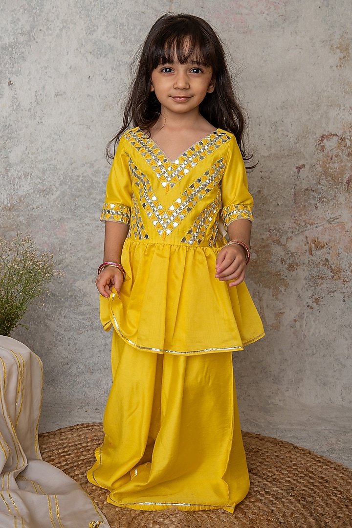 Yellow Organic Cotton & Handwoven Chanderi Sharara Set For Girls by Mi Dulce An'ya at Pernia's Pop Up Shop