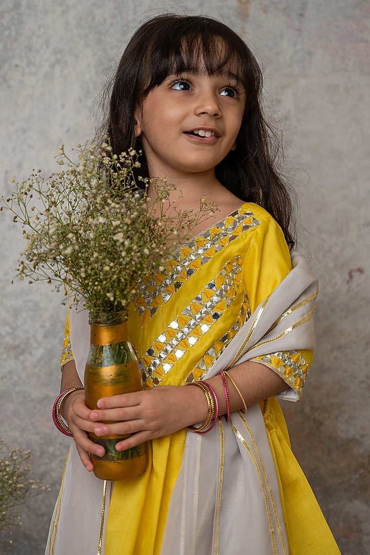 Yellow Organic Cotton & Handwoven Chanderi Sharara Set For Girls by Mi Dulce An'ya at Pernia's Pop Up Shop