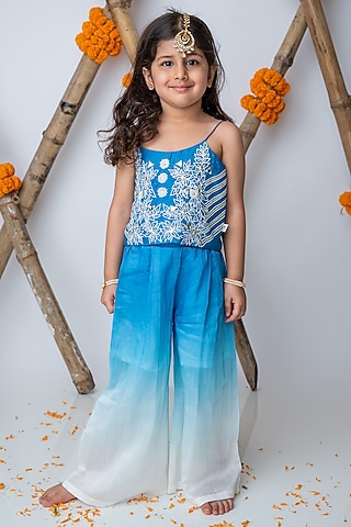 Cobalt Blue Organic Cotton & Handwoven Chanderi Co-Ord Set For Girls by Mi Dulce An'ya