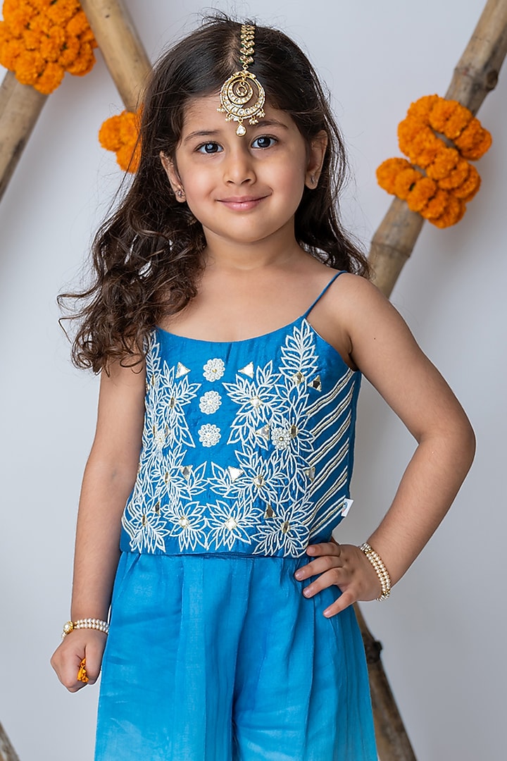 Cobalt Blue Organic Cotton & Handwoven Chanderi Co-Ord Set For Girls by Mi Dulce An'ya at Pernia's Pop Up Shop