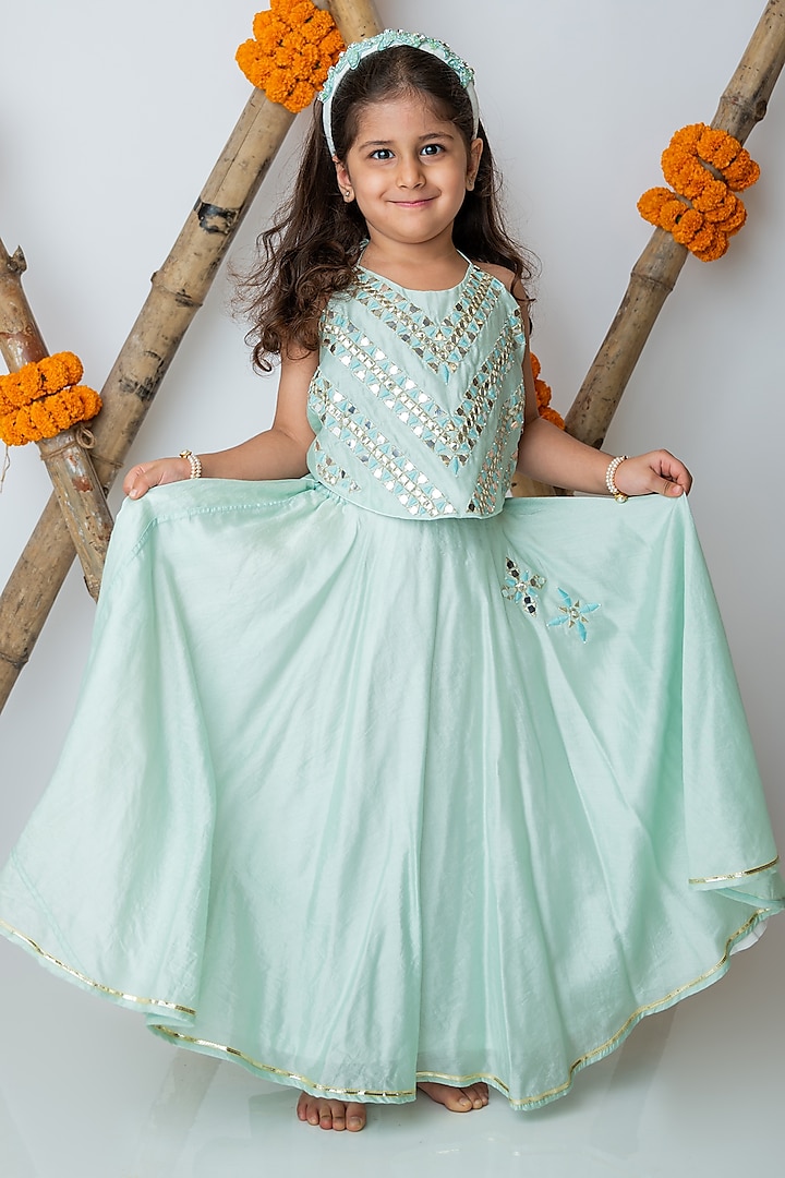 Sea Green Handwoven Chanderi Mirror Hand Embroidered Halter Lehenga Set For Girls by Mi Dulce An'ya at Pernia's Pop Up Shop