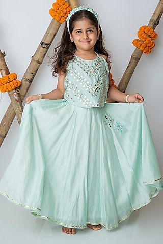 Sea Green Handwoven Chanderi Mirror Hand Embroidered Halter Lehenga Set For Girls by Mi Dulce An'ya