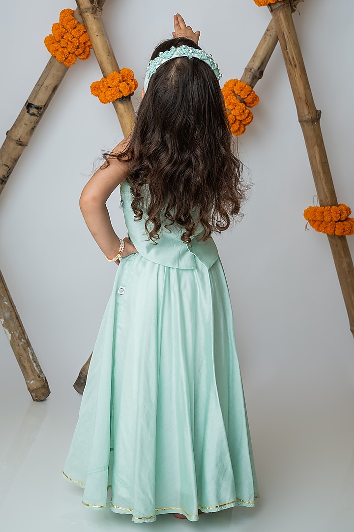 Sea Green Handwoven Chanderi Mirror Hand Embroidered Halter Lehenga Set For Girls by Mi Dulce An'ya at Pernia's Pop Up Shop