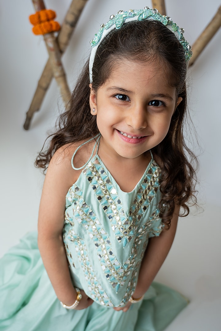 Sea Green Handwoven Chanderi Mirror Hand Embroidered Halter Lehenga Set For Girls by Mi Dulce An'ya at Pernia's Pop Up Shop