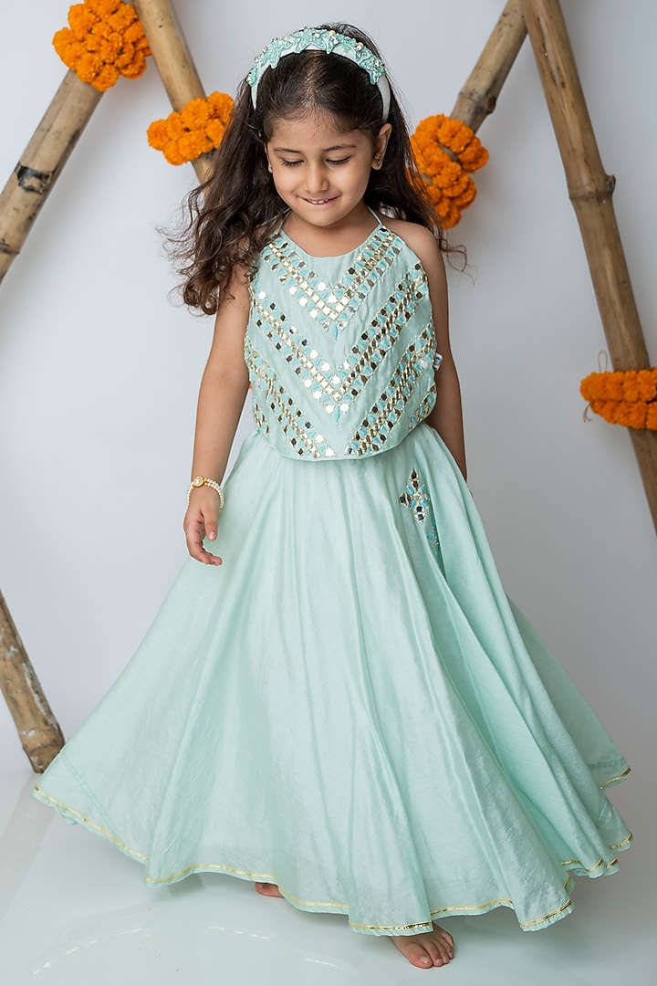 Sea Green Handwoven Chanderi Mirror Hand Embroidered Halter Lehenga Set For Girls by Mi Dulce An'ya at Pernia's Pop Up Shop