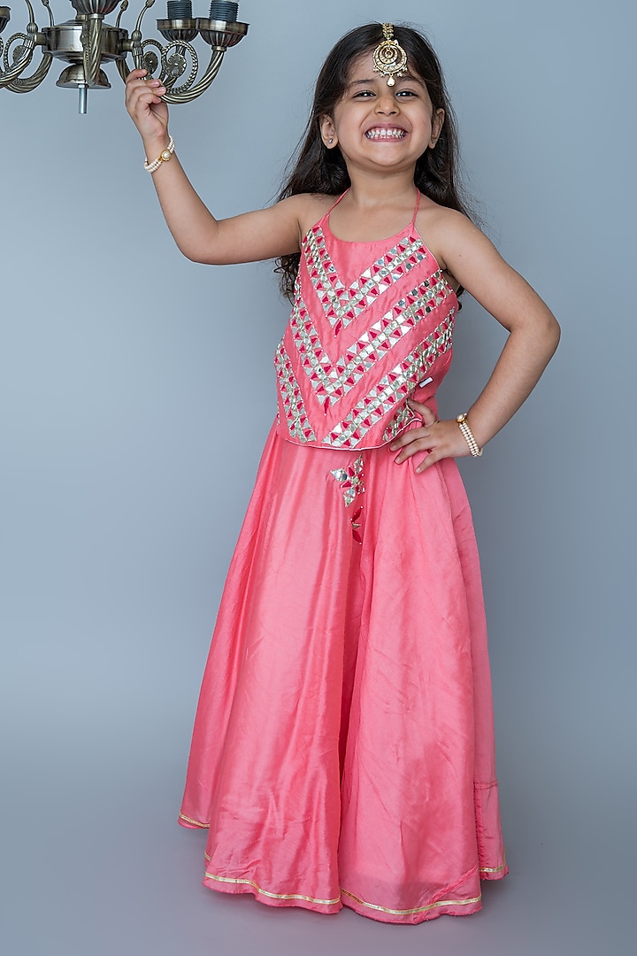 Coral Handwoven Chanderi Mirror Hand Embroidered Halter Lehenga Set For Girls by Mi Dulce An'ya at Pernia's Pop Up Shop