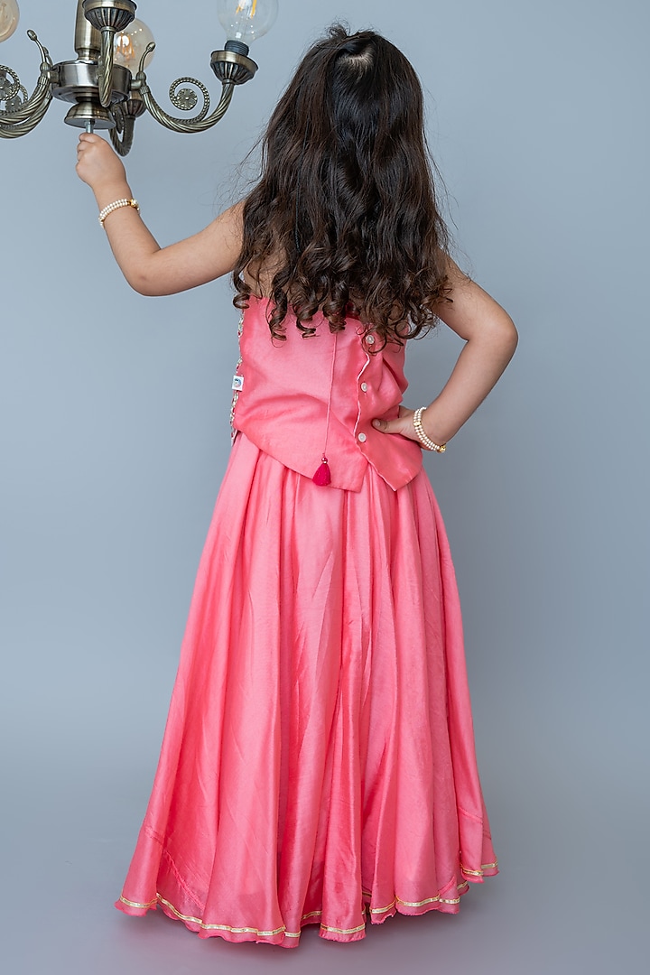Coral Handwoven Chanderi Mirror Hand Embroidered Halter Lehenga Set For Girls by Mi Dulce An'ya at Pernia's Pop Up Shop